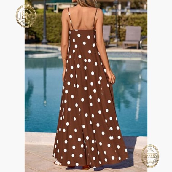 Polka Dot Maxi Dress with Adjustable Spaghetti Straps and Side Pockets - Picture 6 of 7